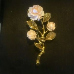 Vintage Pink Rose Flower Leaf Brooch Pin
